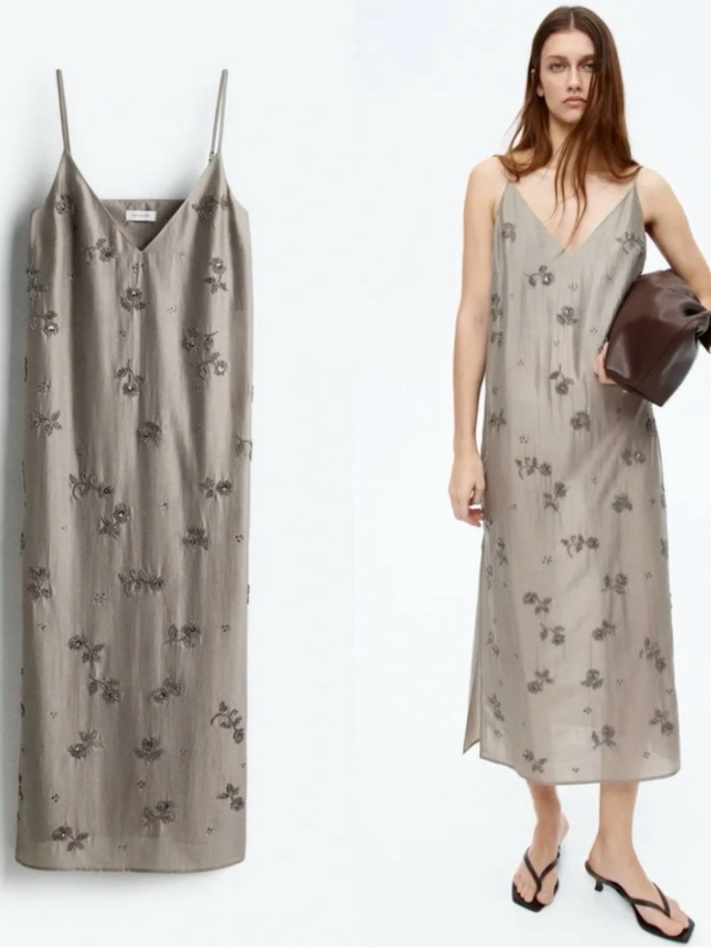 H&M Edition Gray Bead Embellished Slip Dress in taupe gray size XL